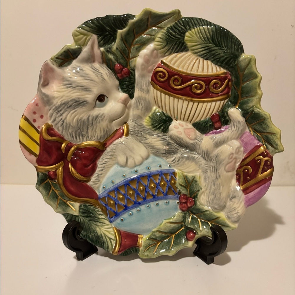 Fitz and Floyd Festive Christmas Kitty Decorative Hanging Plate